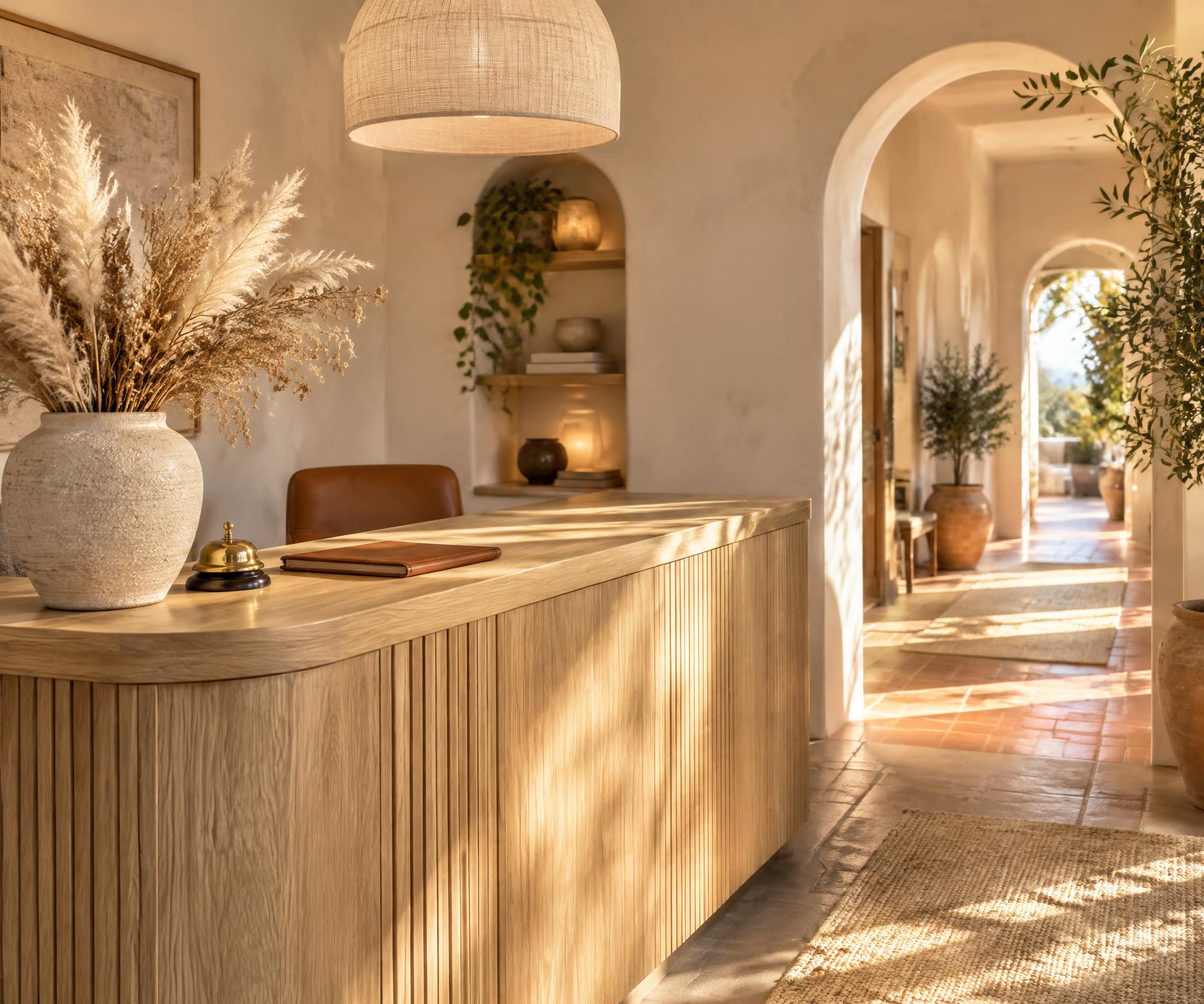 Warm modern reception desk in a welcoming local business